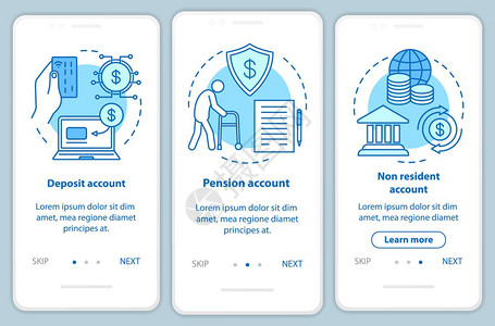 包含线概念的移动应用程序页面屏幕上的账户类型养恤金非居民账户3个步进骤图形指示uxi带插图的gui矢量模板图片
