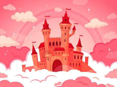 粉红色云彩中的卡通城堡图片