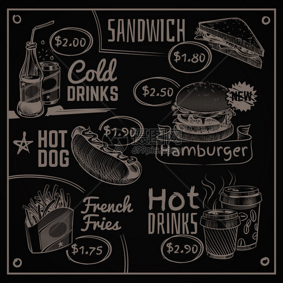 咖啡汉堡和热狗甜圈薯条冰淇淋可口乐三明治粉红色画餐厅矢量写黑板印刷设计图快餐菜单粉红色画餐馆矢量图图片