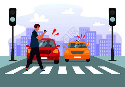 横行带智能手机的行人道路安全说明背景图片