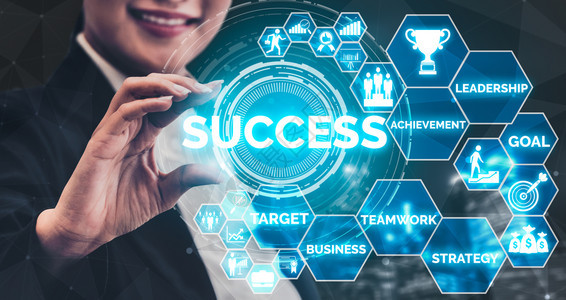 成就和商业目标功概念具有创意的企业人士带有图标形界面显示雇员为商业成功而给予的奖励图片