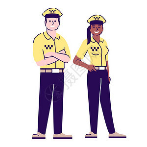 出租车男女司机穿着黄色制服漫画插图图片