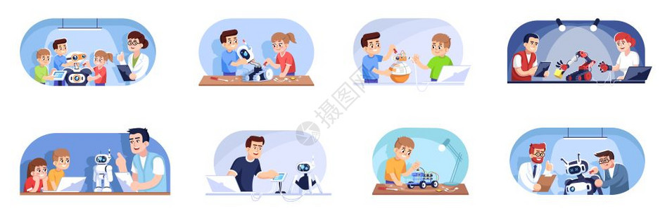 儿童机器人课程扁平风卡通矢量插画背景图片