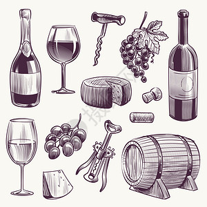 红酒木桶葡萄酒和奶酪含有机酒精饮料的木桶含葡萄酒的木桶含葡萄酒的手绘制涂成面红酒加制雕刻的品素描葡萄酒瓶和玻璃含涂面的木桶插画