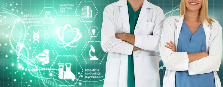 医疗保健研究与发展概念医院实验室具有科学保健研究图标的医生显示疗护理技术创新医学发现和保健数据的象征图片