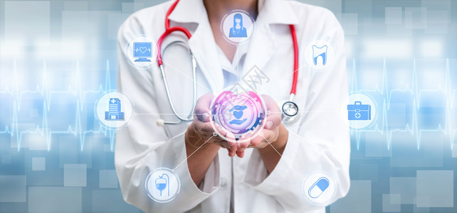 保健概念 -医院生,带有数字疗图标,形横幅显示药品、护理人员急诊服务网络病人健康医生数据等符号。图片