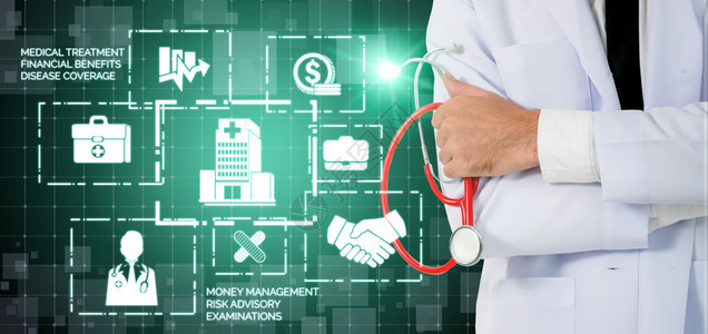 健康保险概念 -医院生与健康保险有关的图标形界面,显示保健人员、货币规划风险管理和保险福利。投资高清图片素材