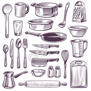厨房用具素描烹饪工锅刀和叉勺子磨刀杯玻璃切板手绘老旧的餐具刀和叉子切板手绘老旧的病媒用具套装剪切板手绘图片