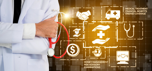 健康保险概念医院生与健康保险有关的图标形界面显示保健人员货币规划风险管理医疗和保险福利钱高清图片素材
