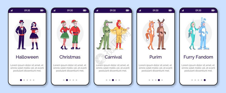 穿着动物服装的人在手机应用程序屏幕矢量模板上登机假日租赁服装走过网站台阶平板字符uxig智能手机卡通界面概念图片