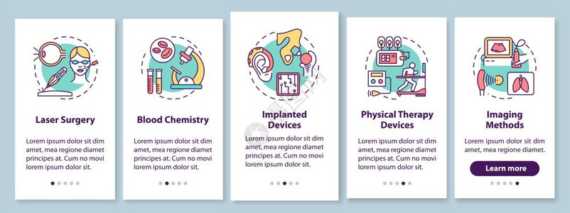具有线概念的移动应用程序屏幕上的生物医学工程激光手术血液化学五步走过图形说明uxig矢量模板插图图片