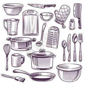 厨房用具素描烹饪设备煎锅刀叉和子勺碗杯玻璃切割板面粉反矢量家用餐具粉刷板反面矢量粉图片