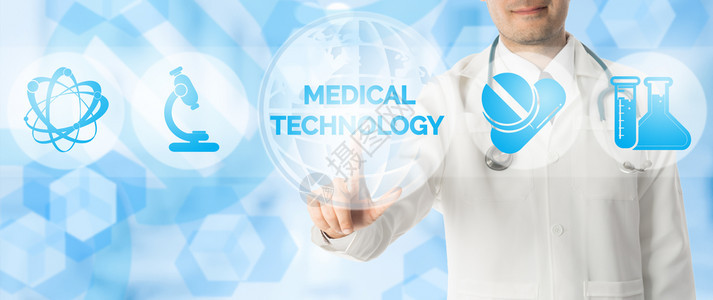 医学研究概念医学技术的生点带有显示技术符号的图标医院研究实验室和创新的蓝色抽象背景图片
