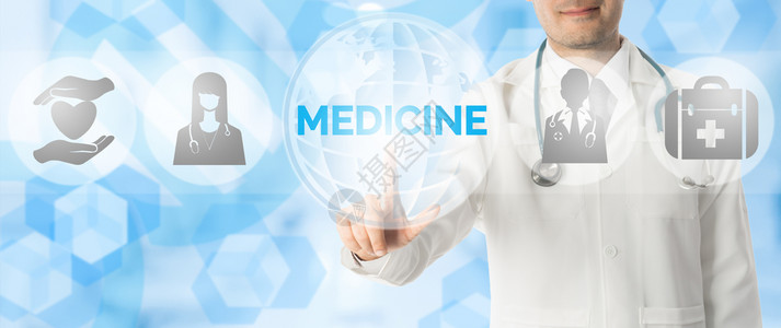 医学和药概念 -医生在学词点,图标显示蓝色抽象背景的保健技术reach创新标志。图片
