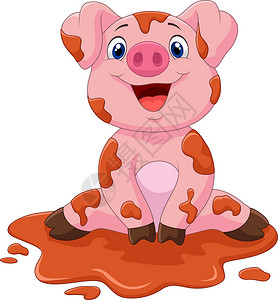 坐在泥里笑的卡通猪背景图片