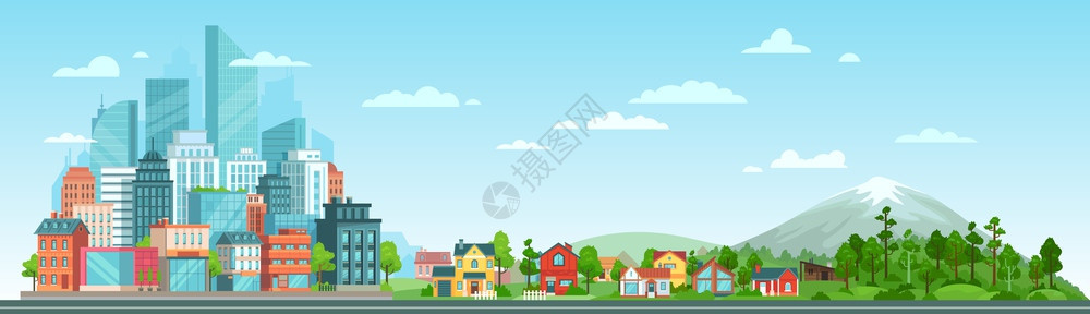 矢量现代城市建筑郊区房屋全景图背景图片