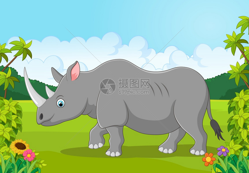 卡通可爱草原上的非洲犀牛