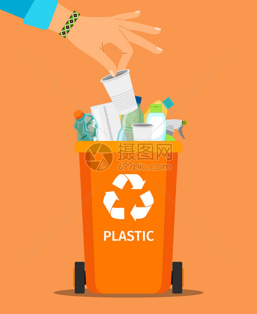 妇女用手把垃圾扔进塑料容器用矢量说明图片