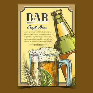杯子上面有泡沫啤酒和绿色叶子陈年风格宣传海报插图图片