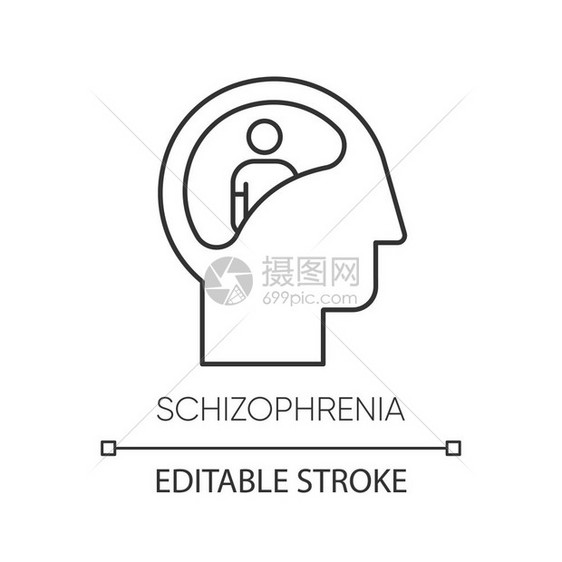 精神分裂线图标不清楚的思维混淆精神障碍偏执不正常的行为细线图解等宽符号矢量孤立的大纲绘制可编辑的中风图片