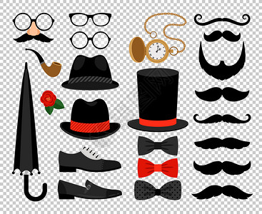 古老男子圆顶帽和弓领带胡子雨伞木棍和眼镜矢量说明在透的情况下被隔离图片