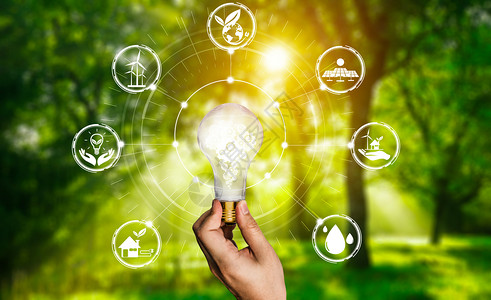 具有未来发电工业图标形界面的绿色能源创新灯泡替代能源可持续发展概念图片