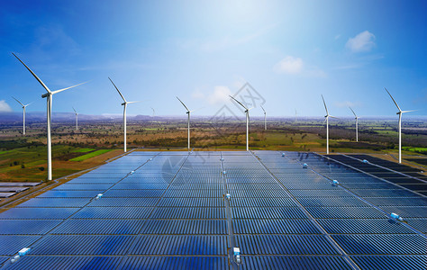 中控面板太阳能电池板光伏和风力涡轮机农业发电在自然景观中生产可再绿色能源是友好型工业背景