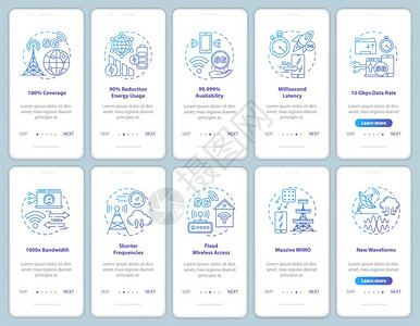 5g安装移动应用程序页面屏幕矢量模板固定无线接入缩短频率通过网站步骤线插图等5g项技术uxig智能手机界面概念图片