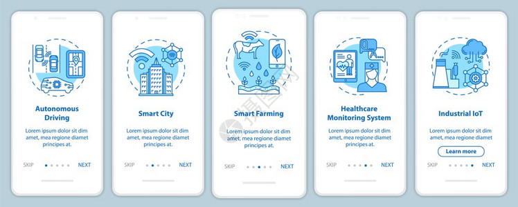 5g技术装有线概念的移动应用程序页面屏幕智能城市自主驾驶5步走图示指uxi带插图的gui矢量模板图片