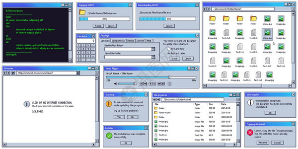 requstrdicptonrefmingu复制下载框警告信息窗口旧的互联网浏览器终端和音乐播放器矢量集老式计算机软件控制屏幕面图片
