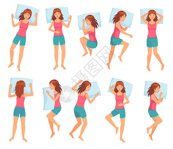睡得健康的姿势和女人格睡在枕头卡通矢量插图上一群女孩在夜间休息时姿势各异妇女睡的姿势不同图片