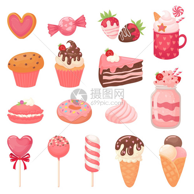 爱心棒糖甜冰淇淋和草莓蛋糕糖果卡通矢量插图收集粉红色浪漫甜点和蛋糕马卡龙糖果可爱情人心卡通矢量插图图片