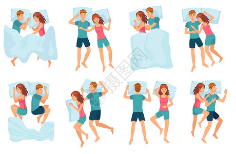男女睡在一起健康的夜间睡眠矢量组合可爱的男女睡着卡通人物睡着男女在一起同床睡在一起健康的夜间睡眠矢量组合图片