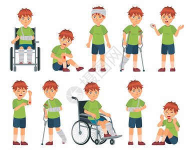 受伤断腿和手臂头部受伤运动轮椅的男孩矢量漫画插图背景图片