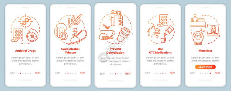 带概念的移动应用程序页面屏幕上的流感治疗的药物放松和睡眠纠正五步行走的图形指示ui矢量模板配有rgb颜色插图图片