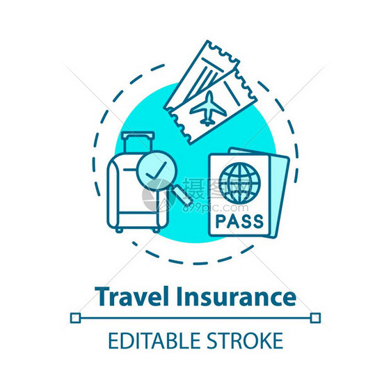 旅行保险概念图标国际旅游业的覆盖范围个人保健政策安全计划构想细线图示矢量孤立大纲Rgb颜色图画可编辑的中风图片
