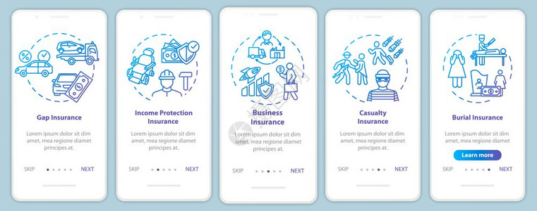 包含概念的移动应用程序页面屏幕上保护业务家庭支持财政援助通过5步图形指示ui矢量模板配有rgb彩色插图背景图片