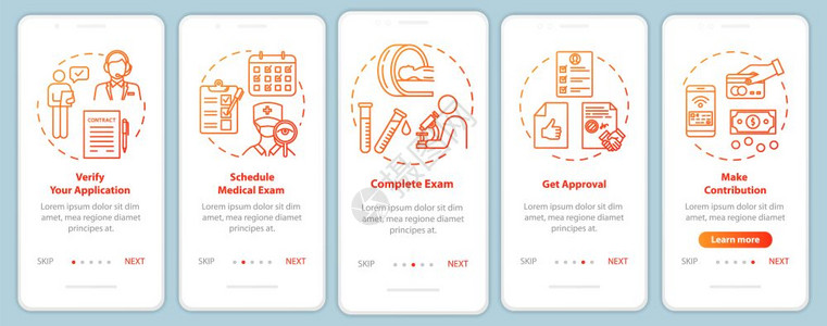 包含概念的移动应用程序页面屏幕上批准应用程序保险确认行走5步图形指示ui矢量模板配有rgb颜色插图背景图片