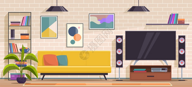 现代公寓家具沙发和椅子书架电视机墙图植物平板矢量当代室内客厅现代公寓家具沙发和扶椅书架电视墙图植物平板矢量室内图片