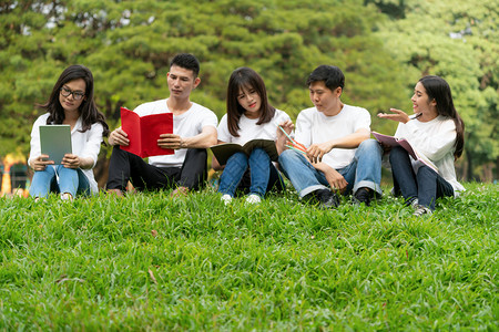 大学生们在草地上看书交流图片