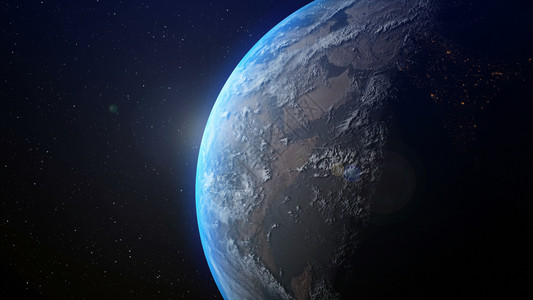 蓝色地球现实的地球平线上日出3d图像全球化和人类网络的概念背景