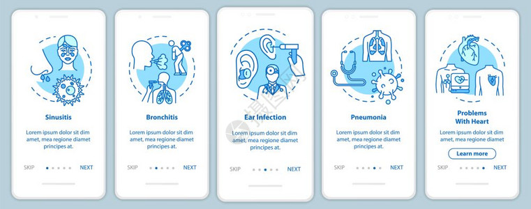 带概念的移动应用程序页面屏幕上呼吸道感染流并发症通过5步图示指配有rgb颜色插图的ui矢量模板图片