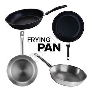 不锈钢板底和煎铁锅烹饪设备用于烹饪概念模板的铸铁技巧工具符合实际的3d插图图片