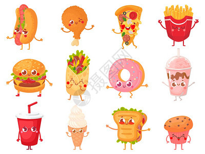 卡通快餐吉祥物街头食品薯条和比萨吉祥物矢量插图吉祥物快餐香肠和三明治比萨饮料图片