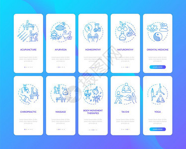 设置概念的移动应用程序页面屏幕上的替代治疗不同的辅助疗法通过五步图示指配有rgb颜色插图的ui矢量模板图片