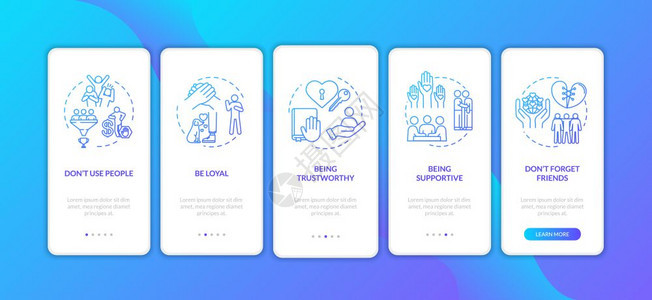 包含概念的移动应用程序页面屏幕上的朋友关系谊和爱情关系提示通过5步的图形指示ui矢量模板配有rgb颜色插图图片