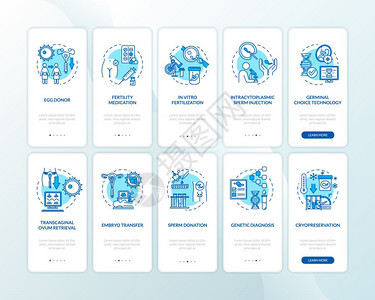 具有以下概念的移动应用程序页面屏幕上的替代妊娠遗传工程生物技术5步走过图形说明配有rgb颜色插图的ui矢量模板图片