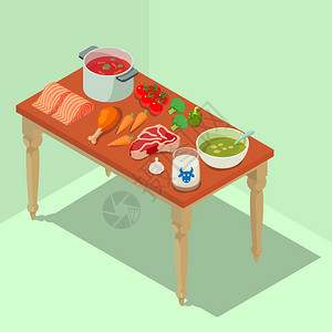 餐桌上的蔬菜鸡肉牛肉番茄汤等食物材料图片