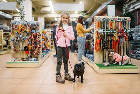 小女孩在宠物店和狗狗一起玩耍图片