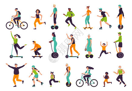 运动者健康生活方式户外动跑步和慢骑自行车滑板滚矢量插图电动摩托车自行滑板跑步和活动者滚车矢量插图骑车滚动矢量插图图片